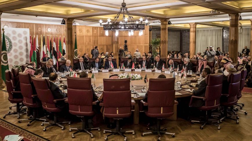 This picture taken on February 1, 2020 shows a view at an Arab League emergency meeting discussing the US-brokered proposal for a settlement of the Middle East conflict, at the league headquarters in the Egyptian capital Cairo. - Palestinian leader Mahmud Abbas announced on February 1 a cut of all ties with Israel and the United States, including security cooperation, days after Washington unveiled a controversial Middle East peace plan. Abbas spoke at an Arab League meeting in Cairo called after US Preside