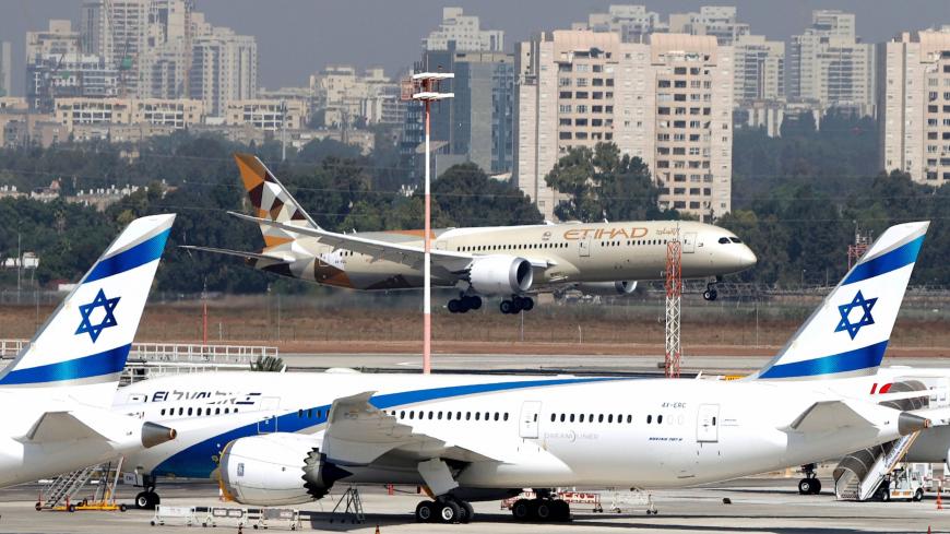 An Etihad Airways plane carrying a delegation from the United Arab Emirates (UAE) on a first official visit, lands at Israel's Ben Gurion Airport near Tel Aviv, on October 20, 2020. - The UAE delegation left on the country's first official visit to Israel with a string of deals set to be signed after the two countries signed a deal to normalise ties last month. (Photo by JACK GUEZ / AFP) (Photo by JACK GUEZ/AFP via Getty Images)
