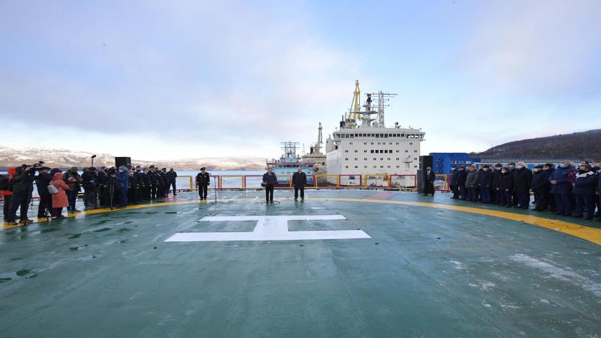 Russian Prime Minister Mikhail Mishustin inspects the Arktika nuclear-powered icebreaker at the port of Murmansk in northwestern Russia on October 21, 2020. (Photo by Alexander ASTAFYEV / SPUTNIK / AFP) (Photo by ALEXANDER ASTAFYEV/SPUTNIK/AFP via Getty Images)