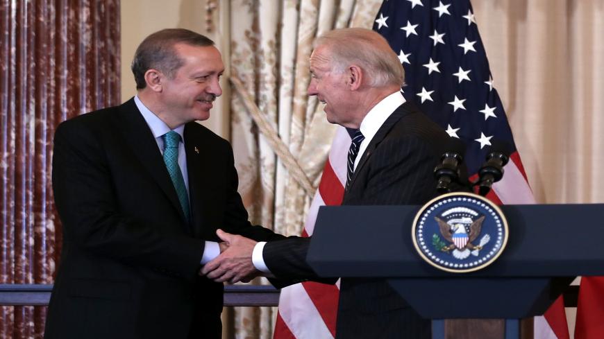 WASHINGTON, DC - MAY 16:  U.S. Vice President Joseph Biden (R) shakes hands with Prime Minister of Turkey Recep Tayyip Erdogan (L) during a luncheon at the State Department May 16, 2013 in Washington, DC. Prime Minister Erdogan was on a visit in Washington and had talks on Syria with U.S. President Barack Obama.  (Photo by Alex Wong/Getty Images)