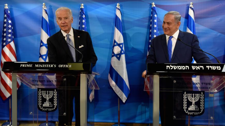 US Vice President Joe Biden (L) and Israeli Prime Minister Benjamin Netanyahu give joint statements to press in the prime minister's office in Jerusalem on March 9, 2016.  
Biden implicitly criticised Palestinian leaders for not condemning attacks against Israelis, as an upsurge in violence marred his visit.

 / AFP / POOL AND AFP / DEBBIE HILL        (Photo credit should read DEBBIE HILL/AFP via Getty Images)