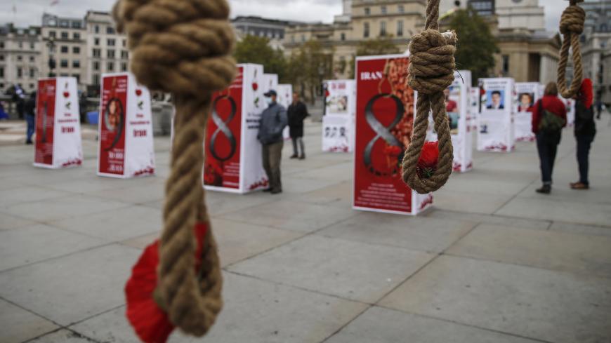 LONDON, ENGLAND - OCTOBER 10: An exhibition on human rights violations in Iran in Trafalgar Square on October 10, 2020 in London, England. The exhibition, held by Anglo-Iranian communities in the UK, marked the World Day against the Death Penalty. (Photo by Hollie Adams/Getty Images)