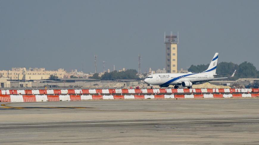 The El Al Boeing 737 aircraft carrying the Israeli delegation lands at the Bahrain International Airport on October 18, 2020, to formalise US-brokered normalisation deal between the two states. - Israel and Bahrain will officially establish diplomatic relations at a ceremony in Manama, an Israeli official said, after the two states reached a US-brokered normalisation deal last month. (Photo by Mazen Mahdi / AFP) (Photo by MAZEN MAHDI/AFP via Getty Images)
