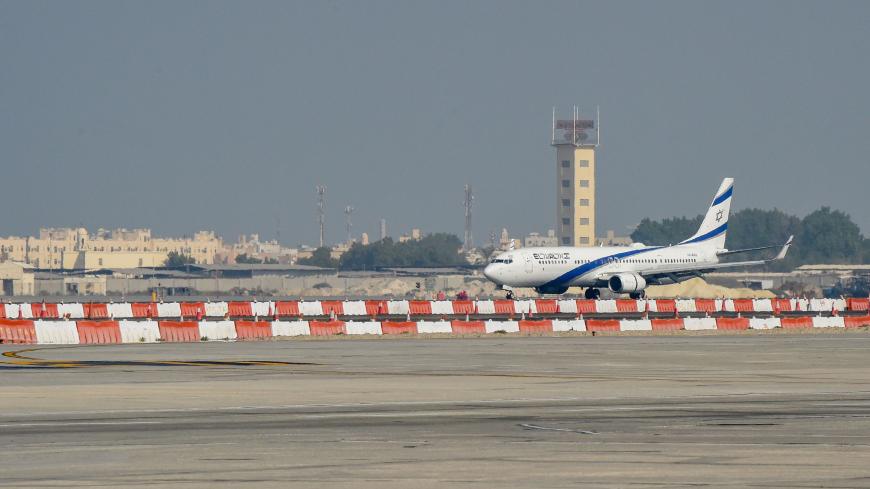 The El Al Boeing 737 aircraft carrying the Israeli delegation lands at the Bahrain International Airport on October 18, 2020, to formalise US-brokered normalisation deal between the two states. - Israel and Bahrain will officially establish diplomatic relations at a ceremony in Manama, an Israeli official said, after the two states reached a US-brokered normalisation deal last month. (Photo by Mazen Mahdi / AFP) (Photo by MAZEN MAHDI/AFP via Getty Images)