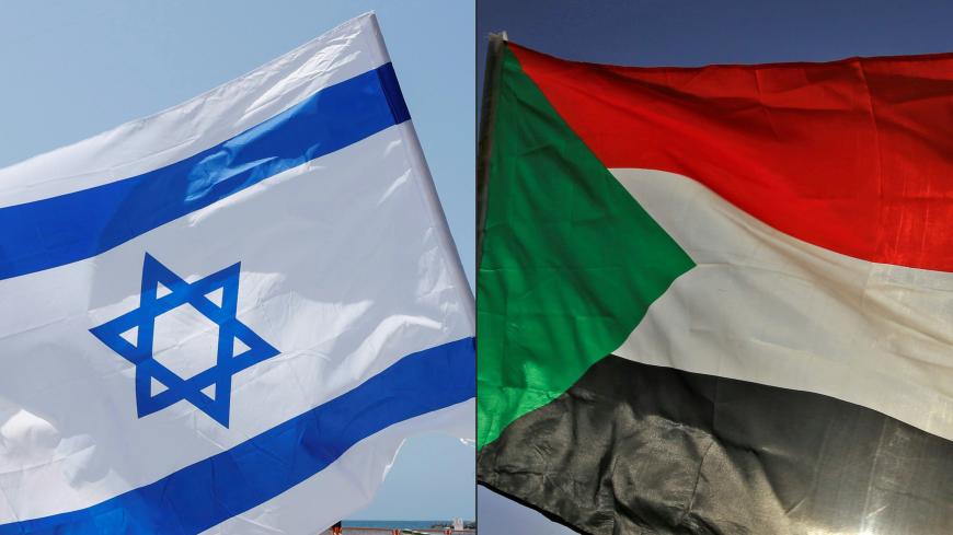 (COMBO) This combination of pictures created on October 23, 2020 shows (L to R) an Israeli flag during a rally in the coastal city of Tel Aviv on September 19, 2020; and a Sudanese flag during a gathering east of the capital Khartoum on June 3, 2020. - Sudan and Israel agreed on Otober 23 to normalise relations, in a US-brokered deal to end decades of hostility that was widely welcomed but stirred Palestinian anger. The announcement makes Sudan, technically at war with Israel since its 1948 foundation, the 