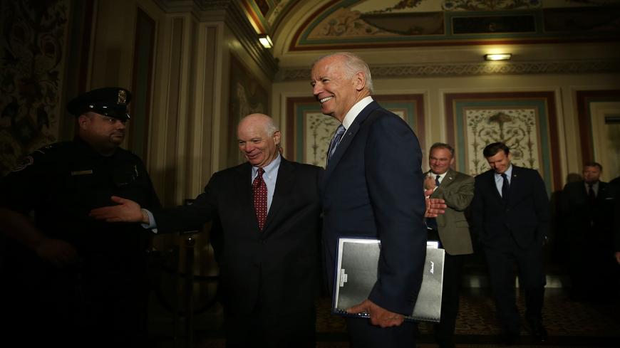WASHINGTON, DC - JULY 16:  U.S. Vice President Joseph Biden (2nd L) arrives at a meeting with Senate Foreign Relations Committee members as he is welcomed by Sen. Ben Cardin (D-MD) (L) July 16, 2015 at the U.S. Capitol in Washington, DC. Vice President Biden was on the Hill to pitch the Iran nuclear deal. Sen. Tim Kaine (D-VA) (3rd L) and Sen. Chris Murphy (D-CT) (4th L) also attended the meeting.  (Photo by Alex Wong/Getty Images)