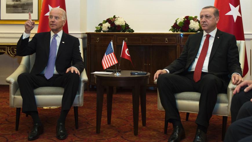 US Vice President Joe Biden (L) gestures during a meeting with President Recep Tayyip Erdogan of Turkey on the sidelines of the nuclear summit in Washington, DC, on March 31, 2016. / AFP / Andrew CABALLERO        (Photo credit should read ANDREW CABALLERO/AFP via Getty Images)