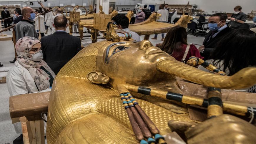 This picture taken on April 13, 2020 shows a view of the golden sarcophagus of the ancient Egyptian Pharaoh Tutankhamun (reigned between 1342-1325 BC) as it lies for restoration at the restoration lab of the newly-built Grand Egyptian Museum (GEM) in Giza on the southwestern outskirts of the capital Cairo. (Photo by Khaled DESOUKI / AFP) (Photo by KHALED DESOUKI/AFP via Getty Images)