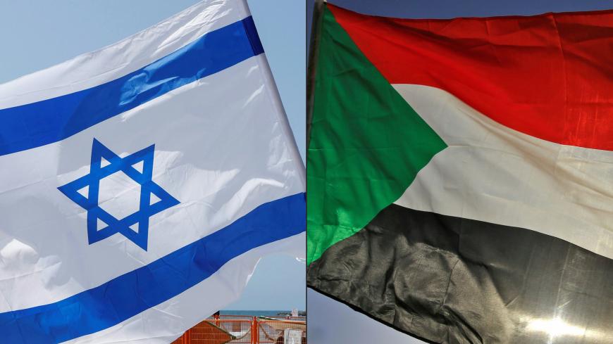(COMBO) This combination of pictures created on October 23, 2020 shows (L to R) an Israeli flag during a rally in the coastal city of Tel Aviv on September 19, 2020; and a Sudanese flag during a gathering east of the capital Khartoum on June 3, 2020. - Sudan and Israel agreed on Otober 23 to normalise relations, in a US-brokered deal to end decades of hostility that was widely welcomed but stirred Palestinian anger. The announcement makes Sudan, technically at war with Israel since its 1948 foundation, the 