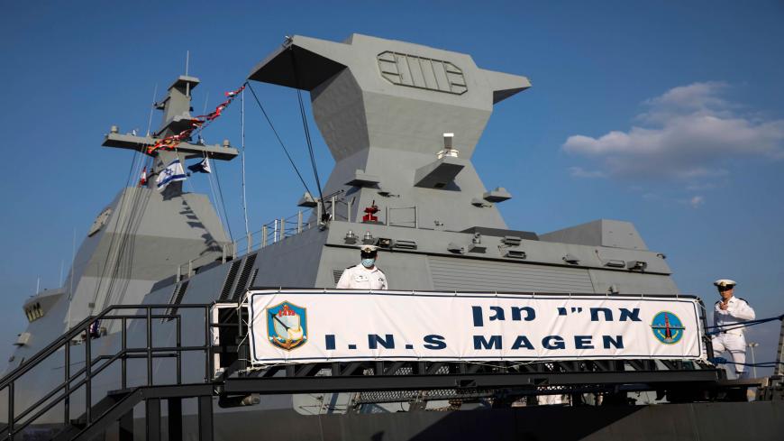 Israeli sailors stand on board the first of four new German-built Saar 6 naval vessels purchased by the navy, in the northern Haifa city naval base, on December 2, 2020. - Israel received the first of its new missile boats, with a top naval officer telling AFP the fleet upgrade "dramatically" improves the country's ability to counter regional rivals, including Iran. (Photo by Heidi levine / POOL / AFP) (Photo by HEIDI LEVINE/POOL/AFP via Getty Images)