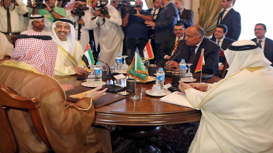 Saudi Foreign Minister Adel al-Jubeir (L), UAE Minister of Foreign Affairs and International Cooperation Abdullah bin Zayed Al-Nahyan (2nd-L), Egyptian Foreign Minister Sameh Shoukry (2nd-R), and Bahraini Foreign Minister Khalid bin Ahmed al-Khalifa (R) meet in the Egyptian capital Cairo on July 5, 2017, to discuss the Gulf diplomatic crisis with Qatar, as Doha called for dialogue to resolve the dispute.
The Saudi foreign ministry said on July 5, 2017 that it had received Qatar's response to a 13-point list