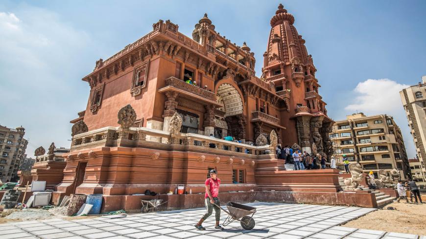 This picture taken on August 18, 2019 shows restoration works ongoing at the historic "Le Palais Hindou" (also known as the "Baron Empain Palace") built by in the early 20th century by Belgian industrialist Edouard Louis Joseph, Baron Empain, in the classical Khmer architectural style of Cambodia's Angkor Wat, in the Egyptian capital Cairo's northeastern Heliopolis district. (Photo by Khaled DESOUKI / AFP)        (Photo credit should read KHALED DESOUKI/AFP via Getty Images)