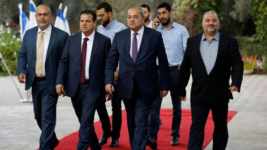 (L to R) Members of the Joint List Osama Saadi, Ayman Odeh, Ahmad Tibi and Mansour Abbas arrive for a consulting meeting with the Israeli President, to decide who to task with trying to form a new government, in Jerusalem on September 22, 2019. (Photo by MENAHEM KAHANA / AFP)        (Photo credit should read MENAHEM KAHANA/AFP via Getty Images)