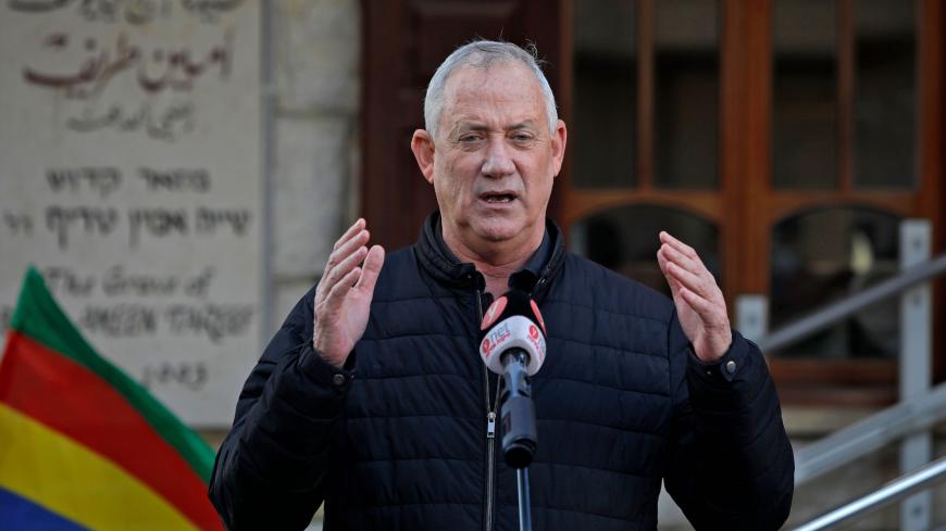 Israeli Defence Minister Benny Gantz, the leader of the Blue and White (Kahol Lavan) party, speaks during a visit to the Druze village of Julis in northern Israel, on February 23, 2021. - Israel will hold its fourth general election in less than two years, on March 23. (Photo by JALAA MAREY / AFP) (Photo by JALAA MAREY/AFP via Getty Images)