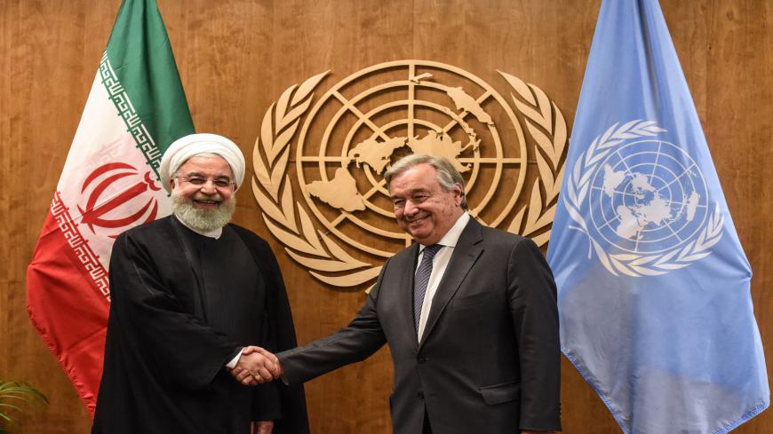 NEW YORK, NY - SEPTEMBER 25 : The President of Iran Hassan Rouhani shakes hands with UN Secretary-General António Guterres during the United Nations General Assembly at the United Nations on September 25, 2019 in New York City. The United Nations General Assembly, or UNGA, is expected to attract  over 90 heads of state in New York City for a week of speeches, talks and high level diplomacy concerning global issues (Photo by Stephanie Keith/Getty Images)