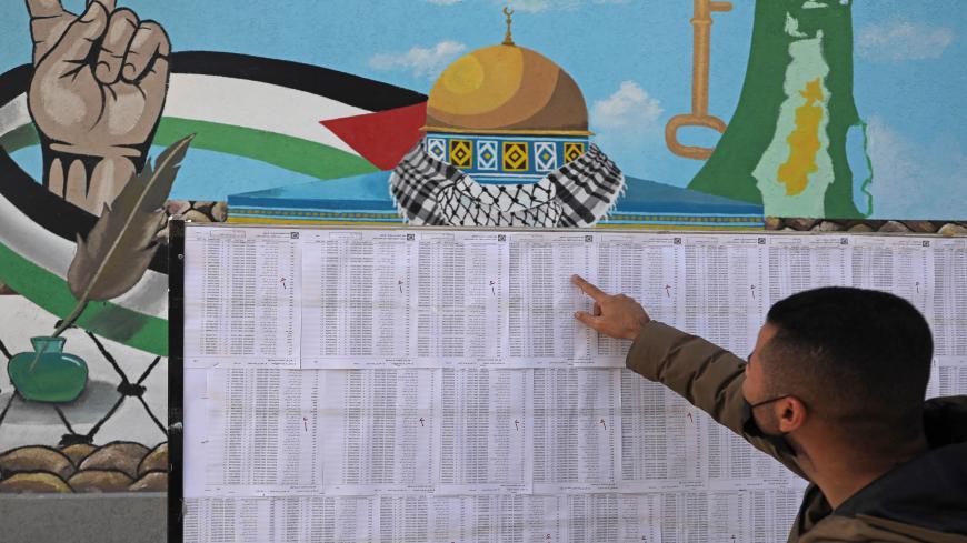 A Palestinian man looks for his name on the electoral roll at a school in Gaza City on March 3, 2021, ahead of the first Palestinian elections in 15 years. - A deal reached between Palestinian rivals Fatah and Hamas to hold elections is aimed at renewing confidence in Palestinian governance ahead of a diplomatic push and talks with Israel. The parliamentary and presidential polls are set for May 22 and July 31, respectively. (Photo by Mohammed ABED / AFP) (Photo by MOHAMMED ABED/AFP via Getty Images)