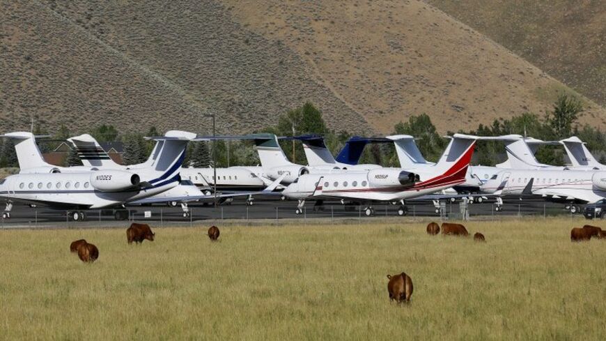 Cows graze outside the Sun Valley airport, where dozens of private and corporate jets are parked, in Hailey, Idaho July 8, 2014. The Allen and Co. media conference begins in Sun Valley on July 9. REUTERS/Rick Wilking (UNITED STATES - Tags: TRANSPORT ANIMALS BUSINESS) - RTR3XQ41