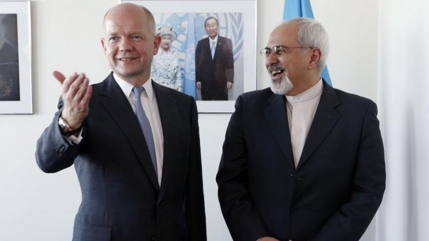 British Foreign Minister William Hague (L). gestures as he meets with Iran's Foreign Minister Mohammad Javad Zarif at the beginning of their bilateral meeting at the United Nations in New York September 23, 2013.   REUTERS/Jason DeCrow/Pool  (UNITED STATES - Tags: POLITICS) - RTX13X4E