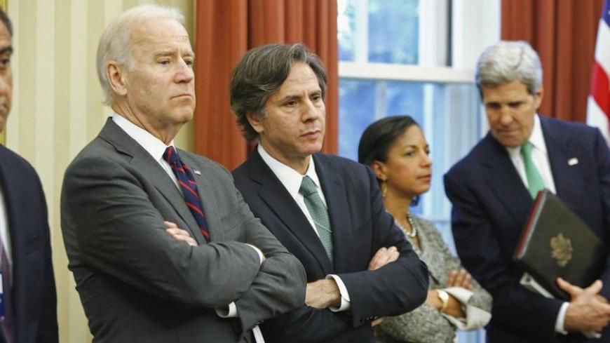 (L-R) U.S. Vice President Joe Biden, Deputy National Security Advisor Tony Blinken, National Security Advisor Susan Rice and Secretary of State John Kerry listen as President Barack Obama and Iraqi Prime Minister Nuri al-Maliki address reporters after their meeting in the Oval Office at the White House in Washington, November 1, 2013. Obama told visiting Al-Maliki on Friday that the United States wants an inclusive, prosperous Iraq free of violence.     REUTERS/Jonathan Ernst    (UNITED STATES - Tags: POLIT