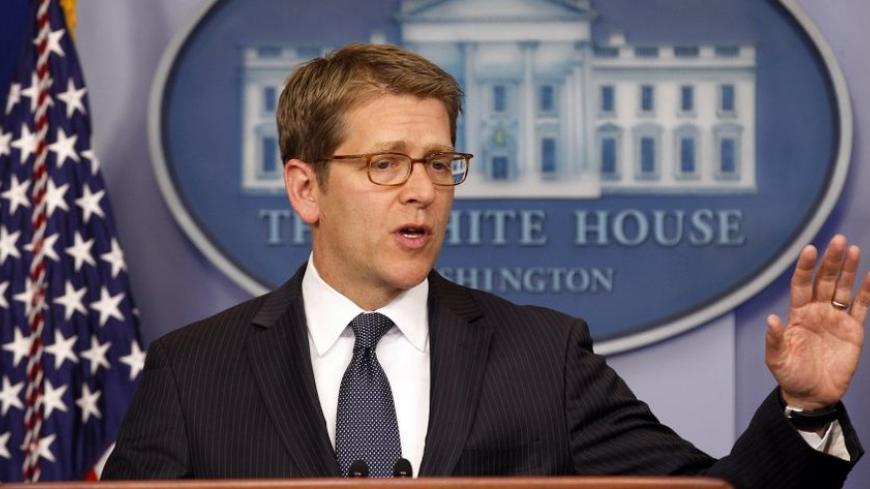 White House spokesman Jay Carney responds to a question about the Boston Marathon bombing, during a news conference in which he also addressed the media about investigations of a suspicious letter containing ricin that was addressed to U.S. President Barack Obama, at the White House in Washington April 17, 2013. REUTERS/Kevin Lamarque  (UNITED STATES - Tags: POLITICS CRIME LAW DISASTER) - RTXYPG2