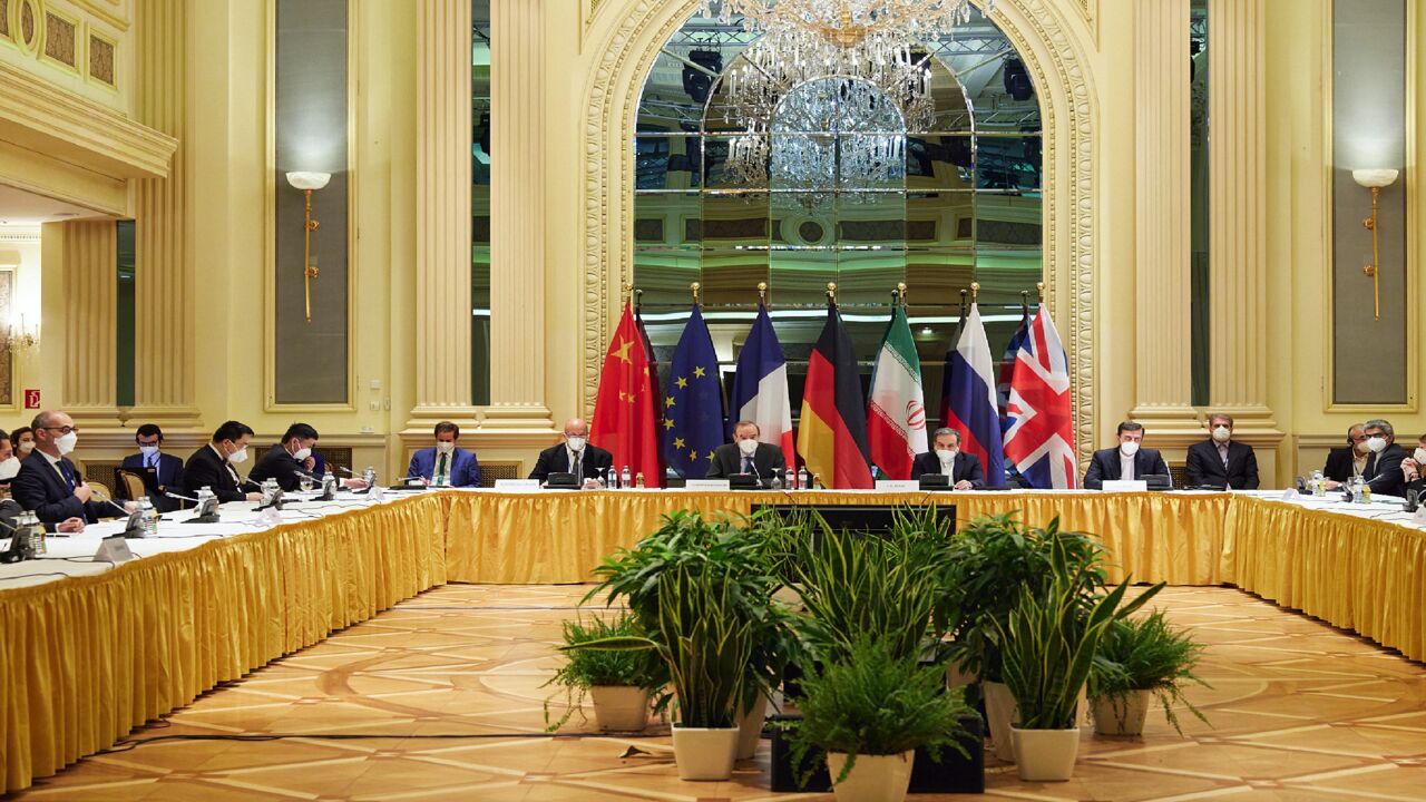In this handout provided by the EU Delegation in Vienna, Representatives of the European Union, Iran and others attend the Iran nuclear talks at the Grand Hotel on April 15, 2021, in Vienna, Austria. Representatives from the United States, Iran, the European Union, Russia, China and other participants from the original Joint Comprehensive Plan of Action (JCPOA) are meeting directly and indirectly over possibly reviving the plan. 