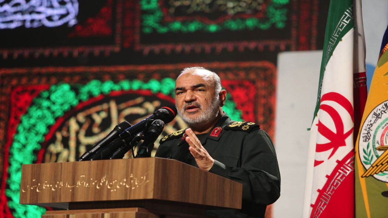 Iranian Revolutionary Guards Corps commander Maj. Gen. Hossein Salami at Tehran's Islamic Revolution and Holy Defense Museum during the unveiling of an exhibition of what Iran says are US and other drones captured in its territory, in the capital, Tehran, on Sept. 21, 2019. 