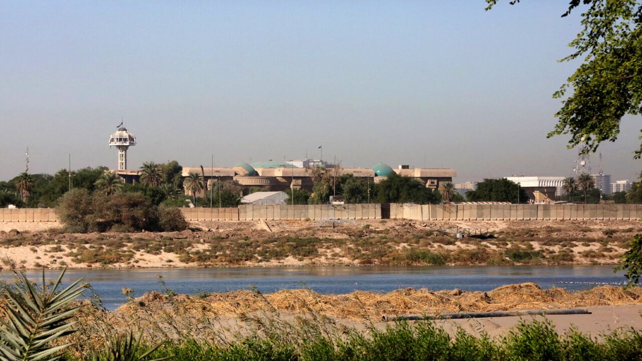 A picture taken on Nov. 7, 2021, shows government buildings inside Baghdad's Green Zone across the Tigris River, following an overnight drone attack.