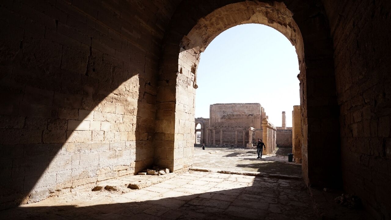 A view of Iraq's ancient city of Hatra in the northern region of al-Hadar, 105 kilometers south of Mosul, during a ceremony to unveil restored sculptures which were vandalised by jihadists of the Islamic State group