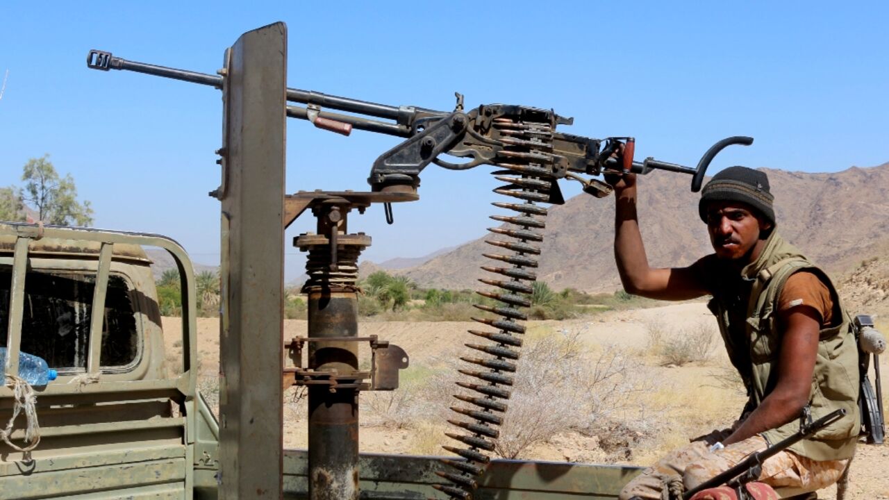 In this file photo from January 26, 2022 a Yemeni fighter from the UAE-trained Giants Brigades mans a position near the village of Jafra on the outskirts of Marib