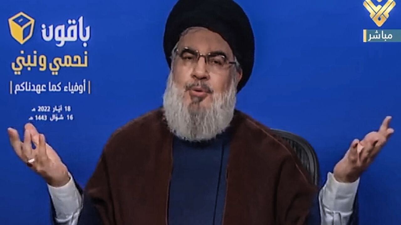 An image grab from Hezbollah's al-Manar TV on May 18, 2022, shows Lebanese Shiite movement Hezbollah leader Hassan Nasrallah delivering a speech