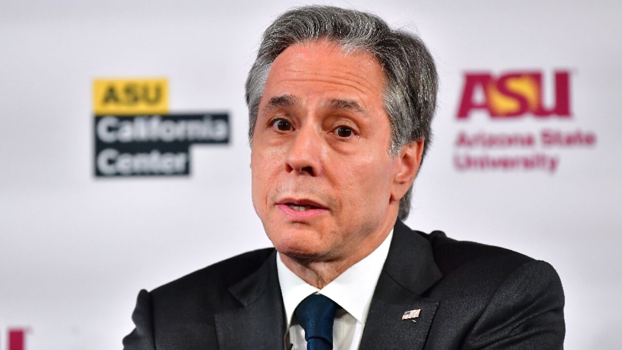 US Secretary of State Antony Blinken takes part in a conversation at the Media Summit of the Americas at the Arizona State University Walter Cronkite School of Journalism and Mass Communication in Los Angeles 