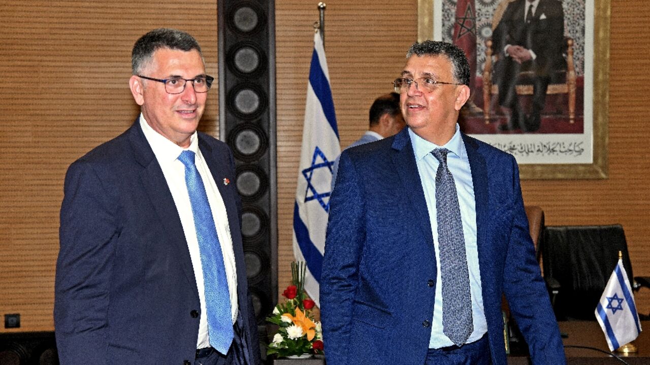 Moroccan Justice Minister Abdellatif Ouahbi (R) receives Israeli Justice Minister Gideon Saar in Rabat