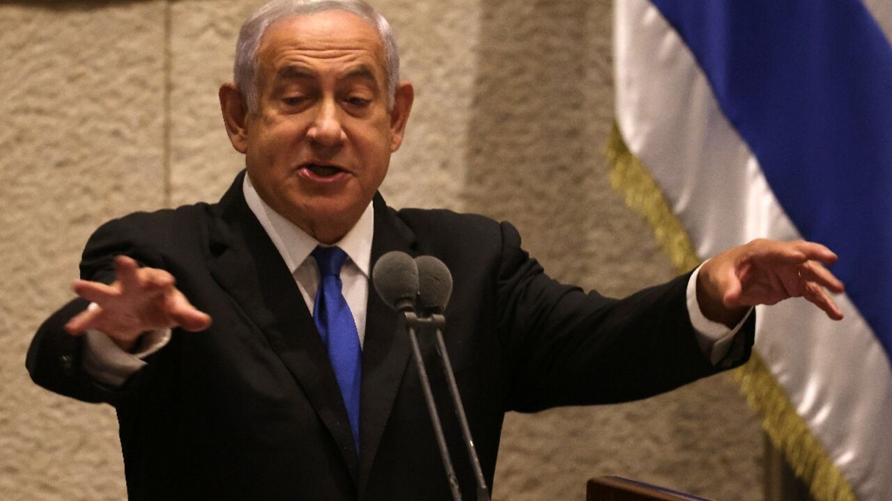 Former Israeli prime minister Benjamin Netanyahu speaks before the Knesset (parliament) in Jerusalem on June 30