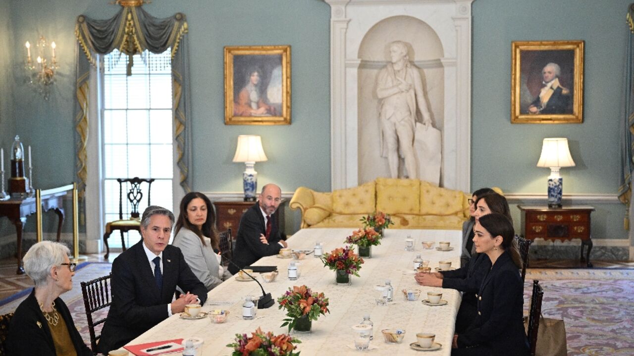 US Secretary of State Antony Blinken meets with Iranian civil society activists in the Thomas Jefferson Room at the State Department 