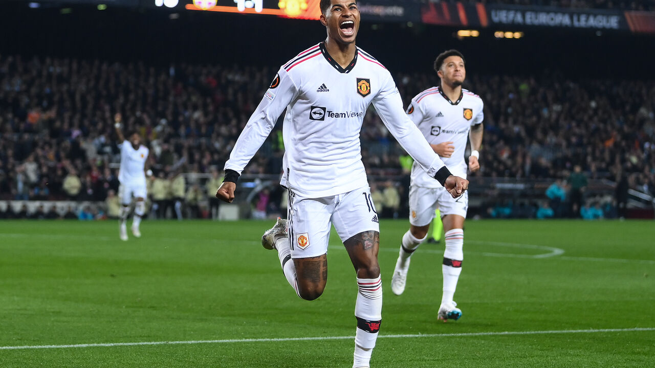 Marcus Rashford of Manchester United celebrates an own goal by Jules Kounde of FC Barcelona (not pictured), Manchester United's second goal during the UEFA Europa League knockout round play-off leg one match between FC Barcelona and Manchester United at Spotify Camp Nou on February 16, 2023 in Barcelona, Spain. (Photo by David Ramos/Getty Images)