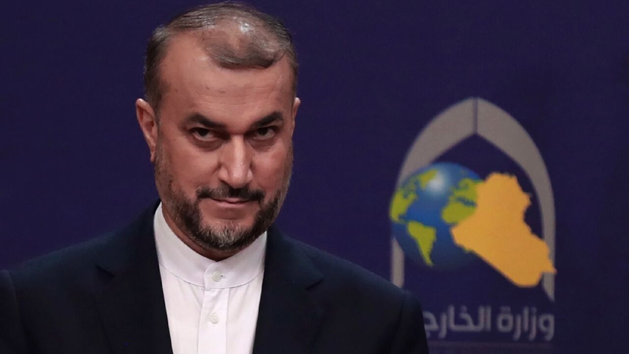 Iranian Foreign Minister Hossein Amir-Abdollahian speaks during a joint press conference with his Iraqi counterpart, in Baghdad on February 22