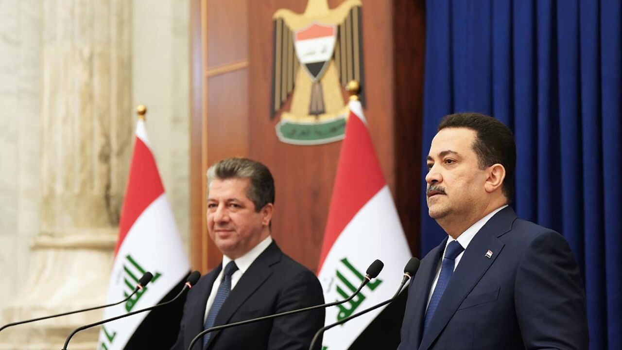 Iraqi Prime Minister Mohammed Shia al-Sudani, on the right, at a joint press conference with his Kurdish counterpart Masrour Barzani in Baghdad