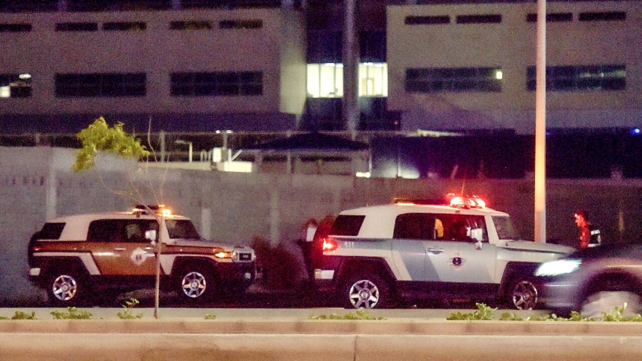 Saudi security forces patrol the area of the US consulate in Jeddah early on June 29, 2023 after a security guard and a gunman were both killed in an exchange of gunfire outside