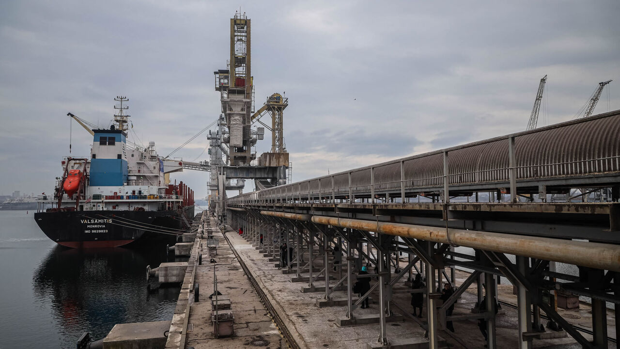 The UN-chartered vessel MV Valsamitis is loaded to deliver 25,000 tonnes of Ukrainian wheat to Kenya and 5,000 tonnes to Ethiopia, at the port of Chornomorsk, east of Odessa on the Black Sea coast, Feb. 18, 2023.