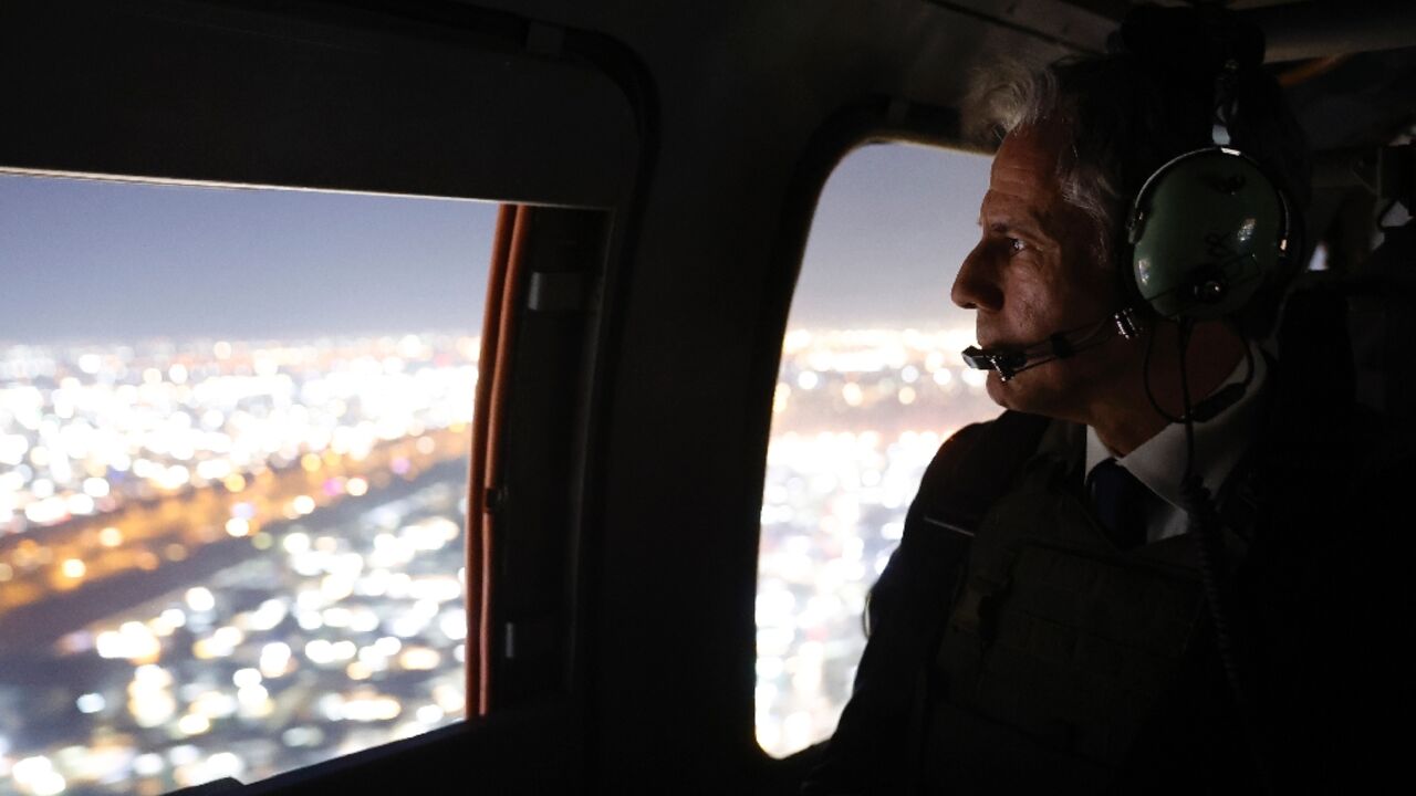 US Secretary of State Antony Blinken flies out of meetings in Baghdad by helicopter on November 5, 2023