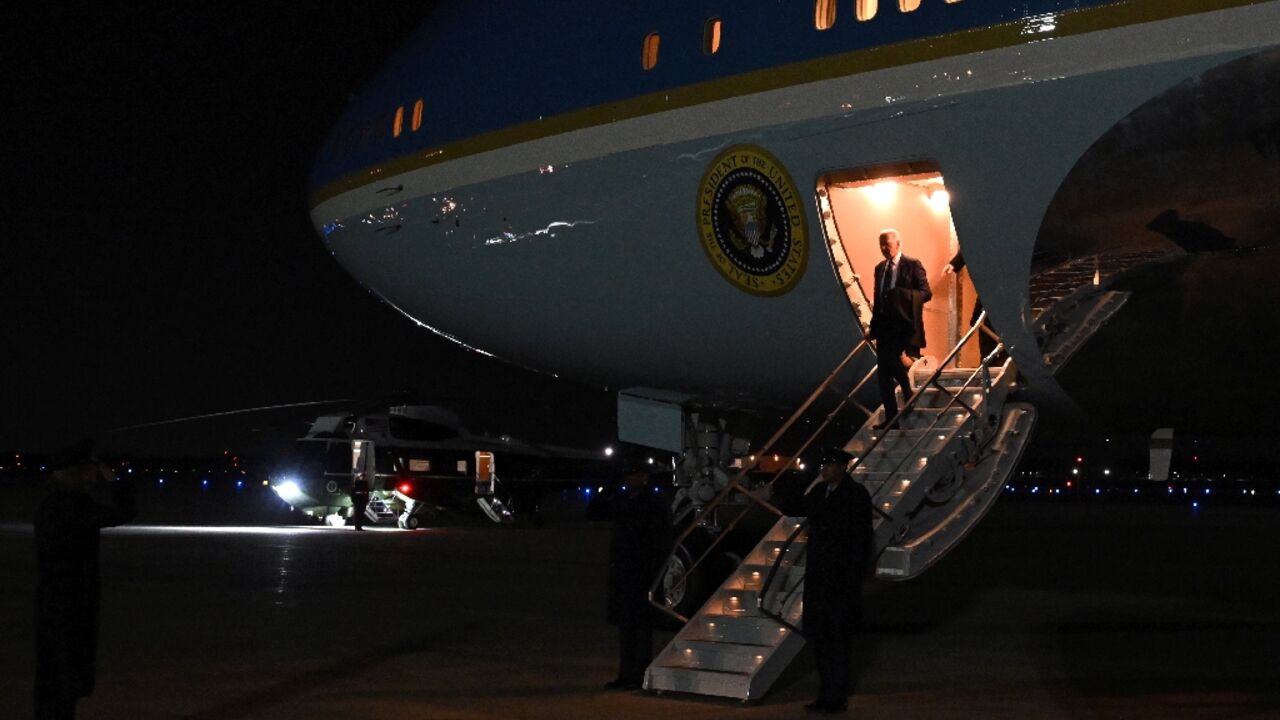 President Joe Biden steps off Air Force One upon arrival in Maryland on November 1, 2023, as he returns from Minnesota