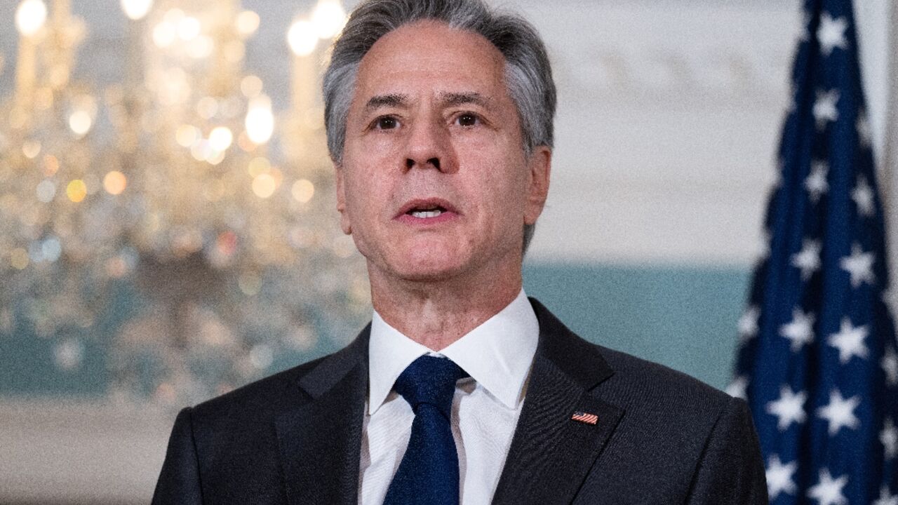 US Secretary of State Antony Blinken speaks to the press prior to meeting with African Union Commission Chairperson Moussa Faki Mahamat at the State Department