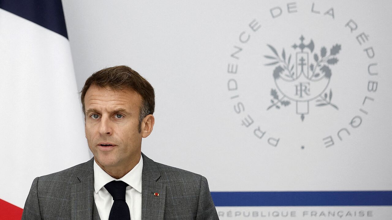 French President Emmanuel Macron attends a video conference at the presidential Elysee Palace on Oct. 20, 2023.