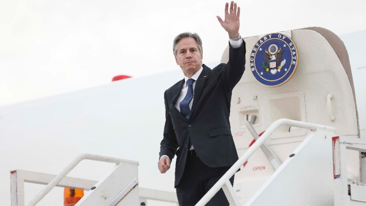 US Secretary of State Antony Blinken boards his plane at the Felipe Angeles International Airport near Mexico City on December 27, 2023