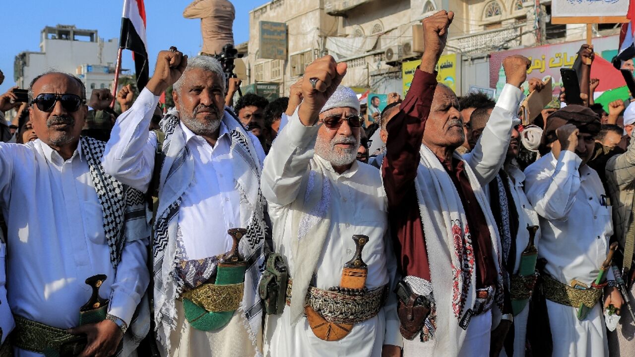 Yemenis protest in the Red Sea city of Hudeida against US and British strikes on Huthi rebel-held cities
