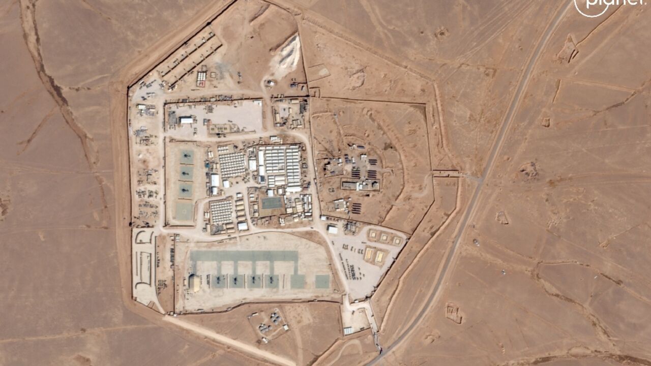A handout satellite picture released by Planet Labs PBC and captured on October 12, 2023 shows a view of the base, known as Tower 22, operated by US troops that suffered a drone attack killing three American troops