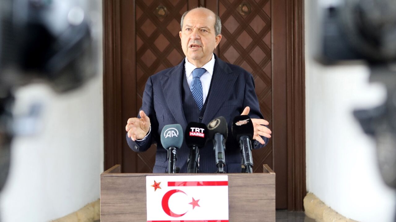 Ersin Tatar speaking to journalists in northern Nicosia in January