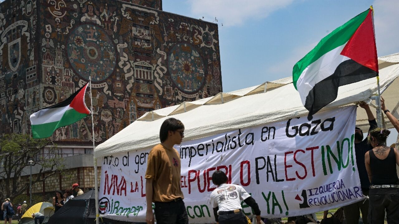 Activists gather in front of the rectory building of the Autonomous University of Mexico (UNAM) in Mexico City on May 2, 2024