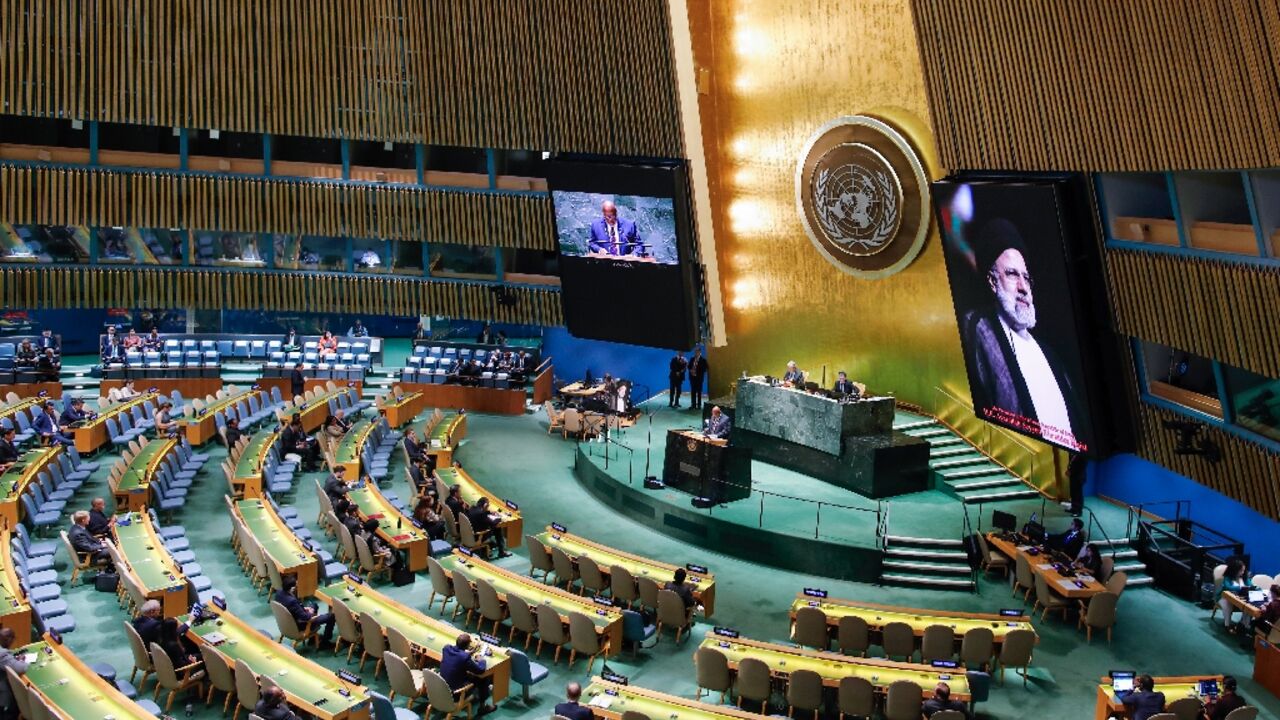 A picture of the late Iranian president Ebrahim Raisi is displayed as the UN General Assembly holds a tribute on May 30, 2024