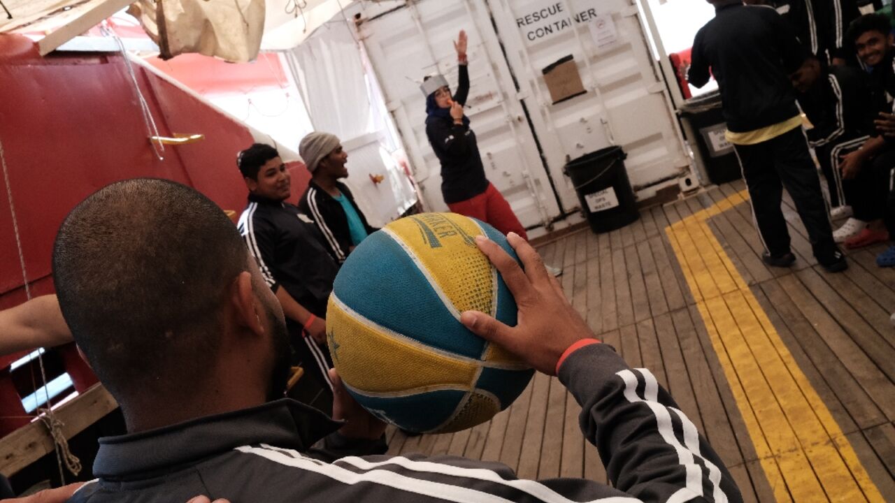 Pickup basketball on the deck of the Ocean Viking